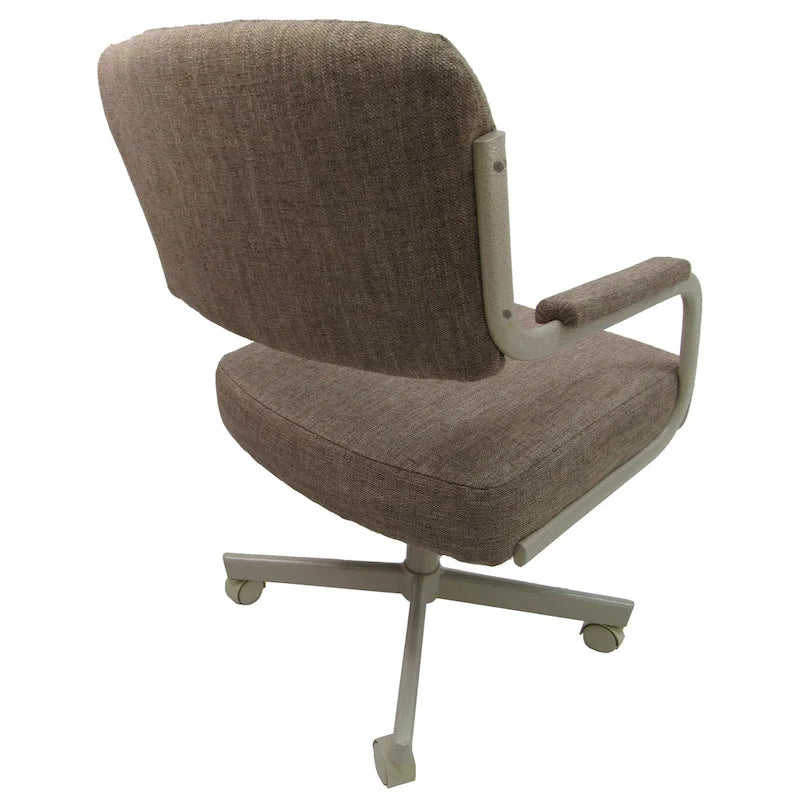 Chaise de salle à manger pivotante rembourrée avec roulettes et accoudoirs, tissu beige, structure en métal gris