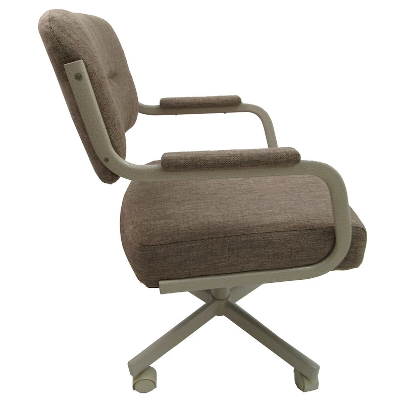 Chaise de salle à manger pivotante rembourrée avec roulettes et accoudoirs, tissu beige, structure en métal gris