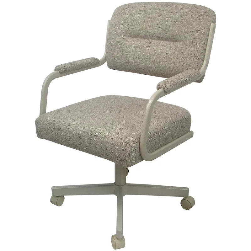 Chaise de salle à manger pivotante rembourrée avec roulettes et accoudoirs, tissu beige, structure en métal gris