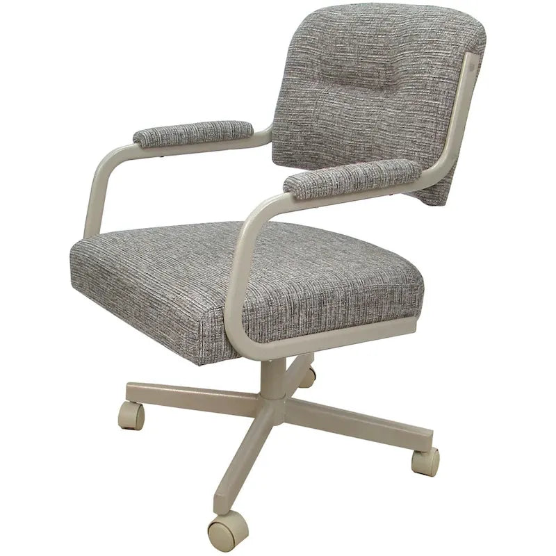 Chaise de salle à manger pivotante rembourrée avec roulettes et accoudoirs, tissu beige, structure en métal gris