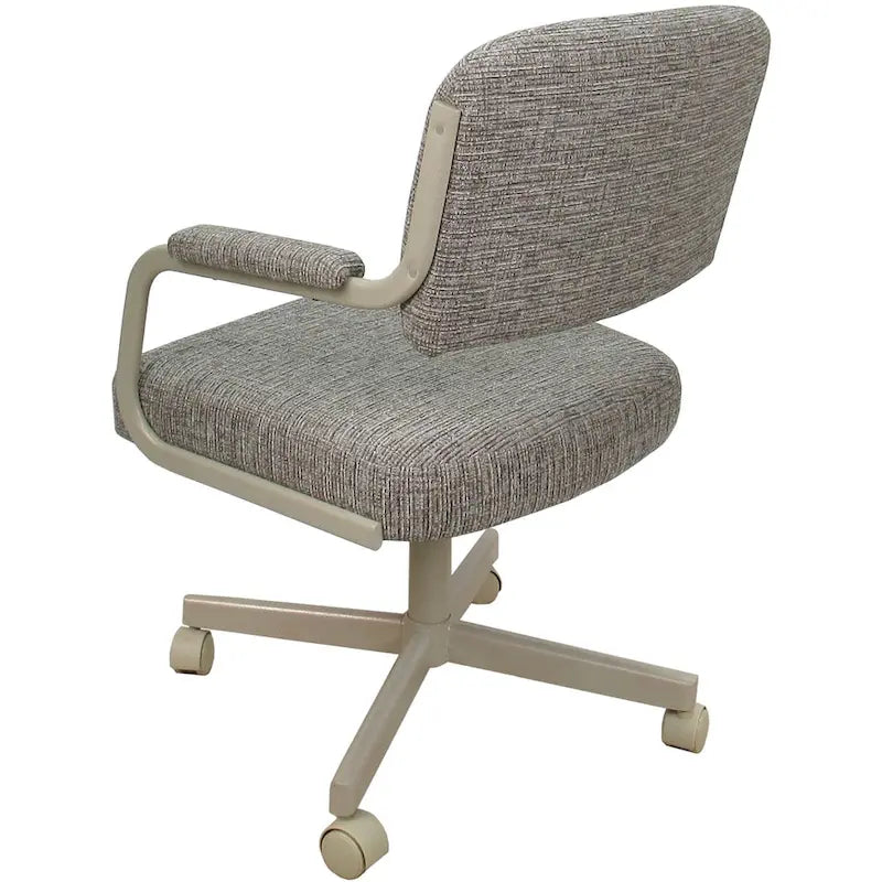 Chaise de salle à manger pivotante rembourrée avec roulettes et accoudoirs, tissu beige, structure en métal gris