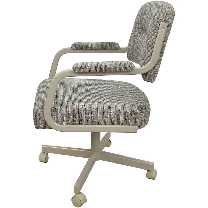 Chaise de salle à manger pivotante rembourrée avec roulettes et accoudoirs, tissu beige, structure en métal gris