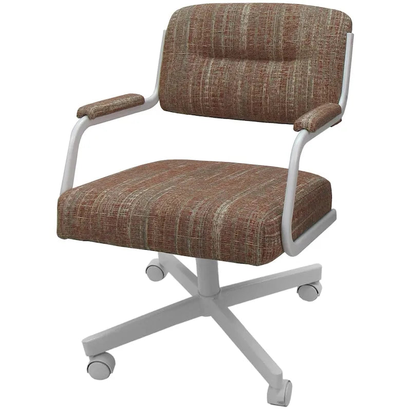 Chaise de salle à manger pivotante rembourrée avec roulettes et accoudoirs, tissu beige, structure en métal gris