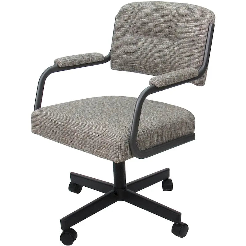 Chaise de salle à manger pivotante rembourrée avec roulettes et accoudoirs, tissu beige, structure en métal gris