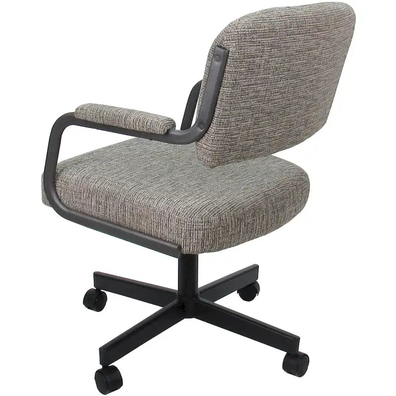 Chaise de salle à manger pivotante rembourrée avec roulettes et accoudoirs, tissu beige, structure en métal gris