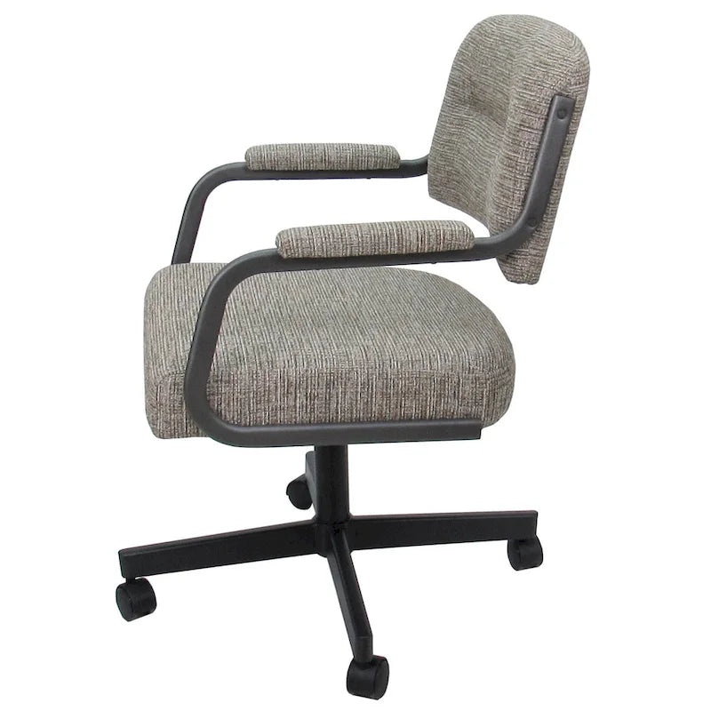 Chaise de salle à manger pivotante rembourrée avec roulettes et accoudoirs, tissu beige, structure en métal gris