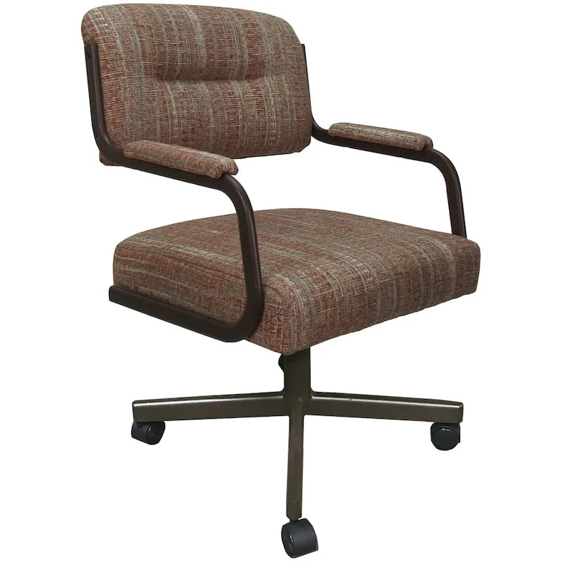 Chaise de salle à manger pivotante rembourrée avec roulettes et accoudoirs, tissu beige, structure en métal gris