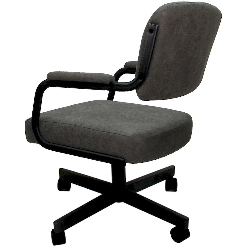 Chaise de salle à manger pivotante rembourrée avec roulettes et accoudoirs, tissu beige, structure en métal gris