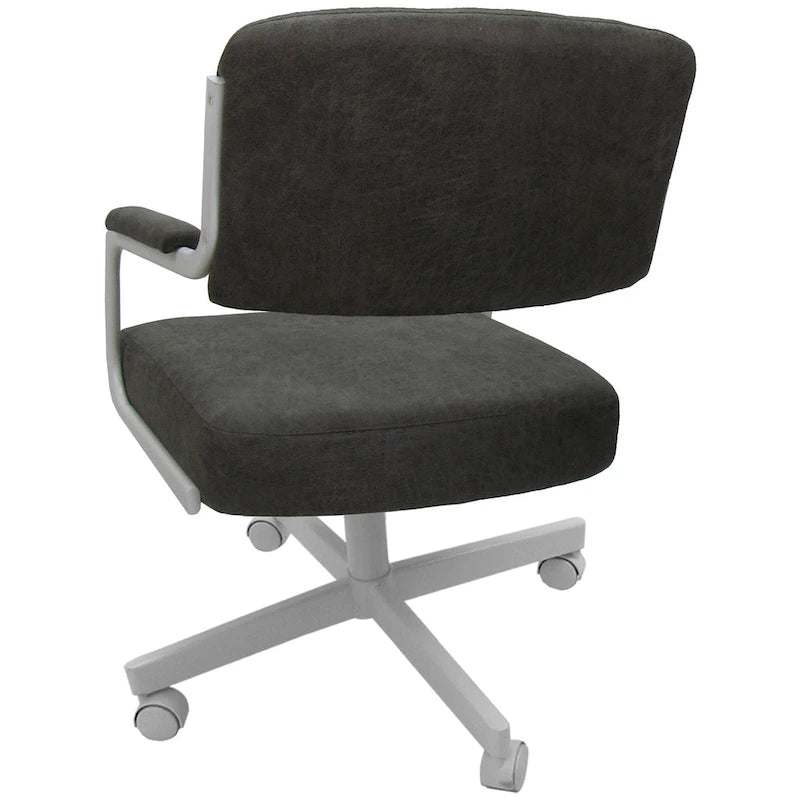 Chaise de salle à manger pivotante rembourrée avec roulettes et accoudoirs, tissu beige, structure en métal gris