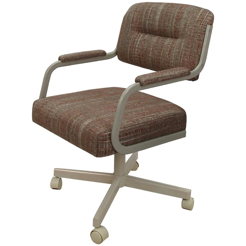 Chaise de salle à manger pivotante rembourrée avec roulettes et accoudoirs, tissu beige, structure en métal gris