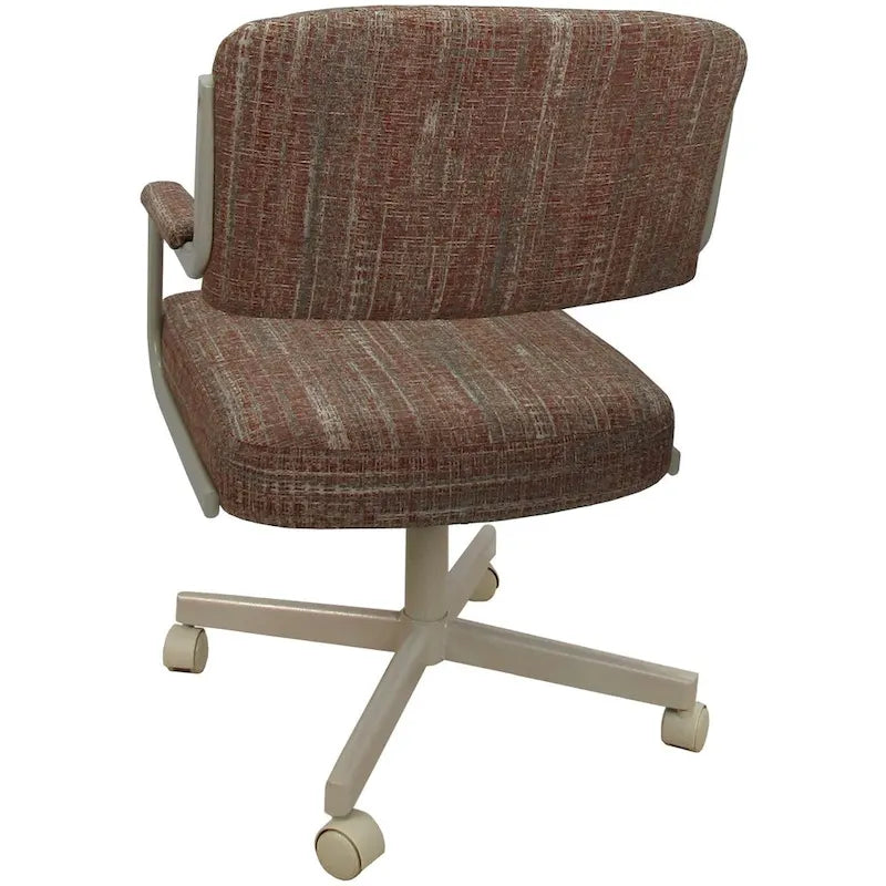 Chaise de salle à manger pivotante rembourrée avec roulettes et accoudoirs, tissu beige, structure en métal gris