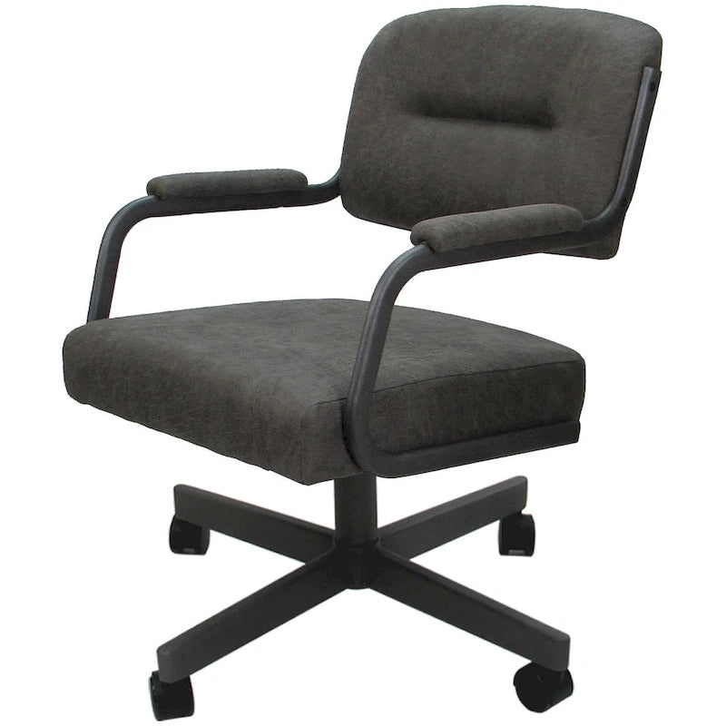 Chaise de salle à manger pivotante rembourrée avec roulettes et accoudoirs, tissu beige, structure en métal gris