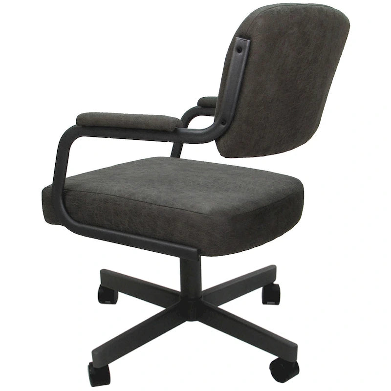 Chaise de salle à manger pivotante rembourrée avec roulettes et accoudoirs, tissu beige, structure en métal gris