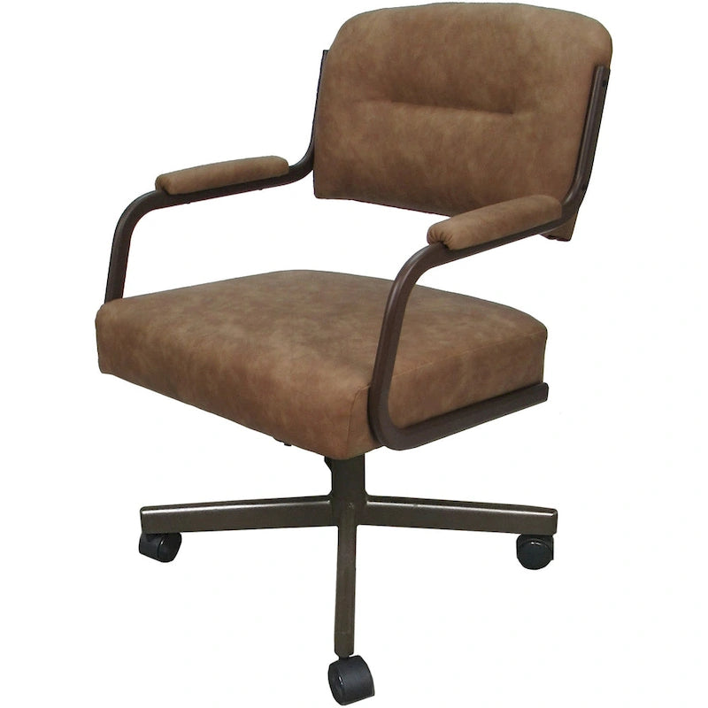 Chaise de salle à manger pivotante rembourrée avec roulettes et accoudoirs, tissu beige, structure en métal gris