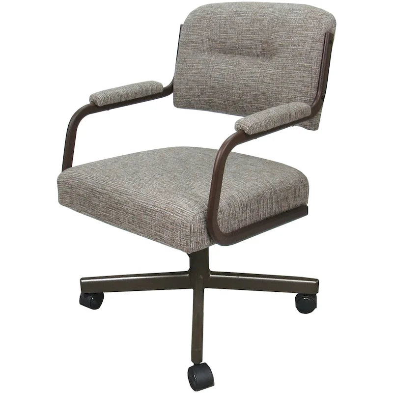 Chaise de salle à manger pivotante rembourrée avec roulettes et accoudoirs, tissu beige, structure en métal gris