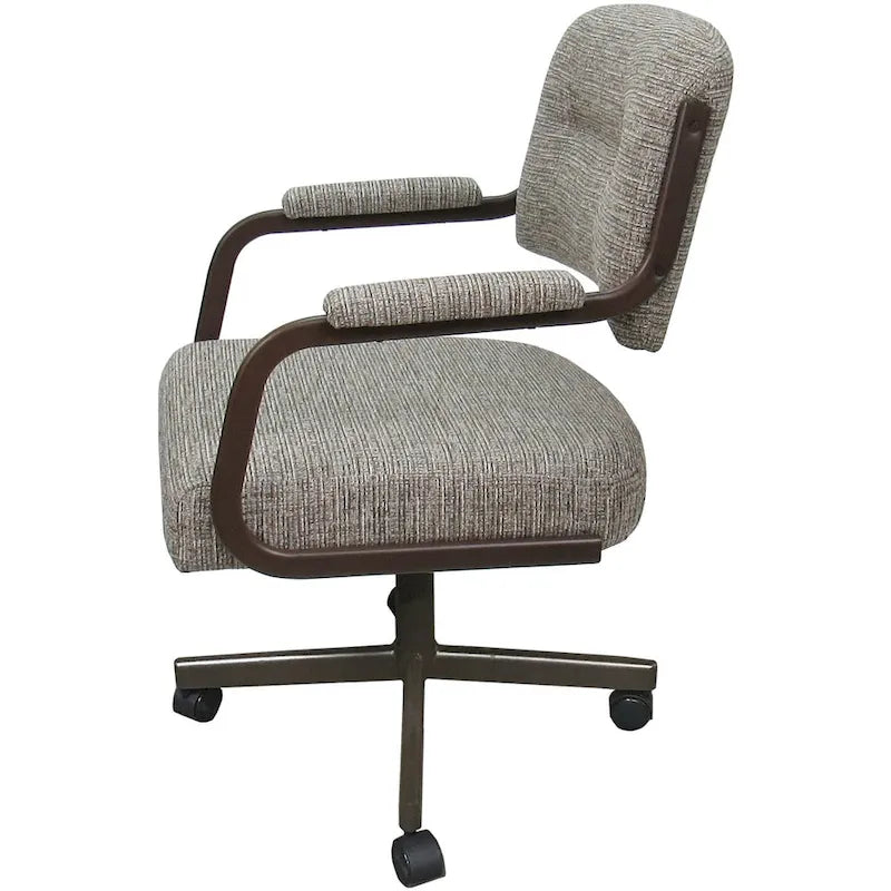 Chaise de salle à manger pivotante rembourrée avec roulettes et accoudoirs, tissu beige, structure en métal gris
