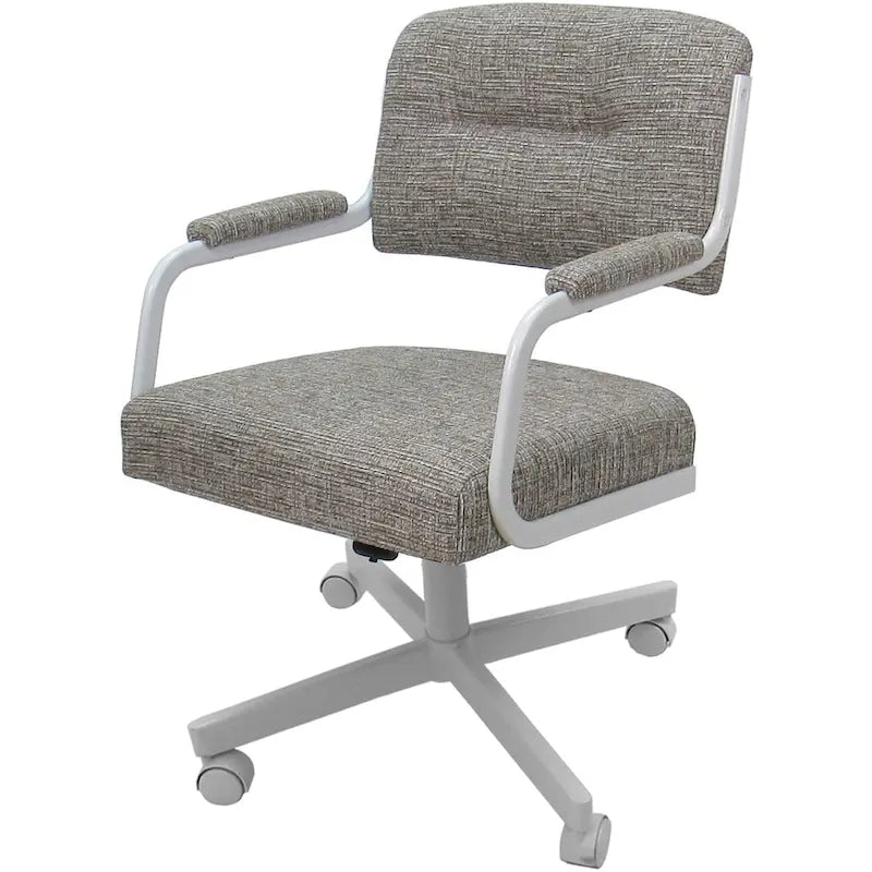 Chaise de salle à manger pivotante rembourrée avec roulettes et accoudoirs, tissu beige, structure en métal gris
