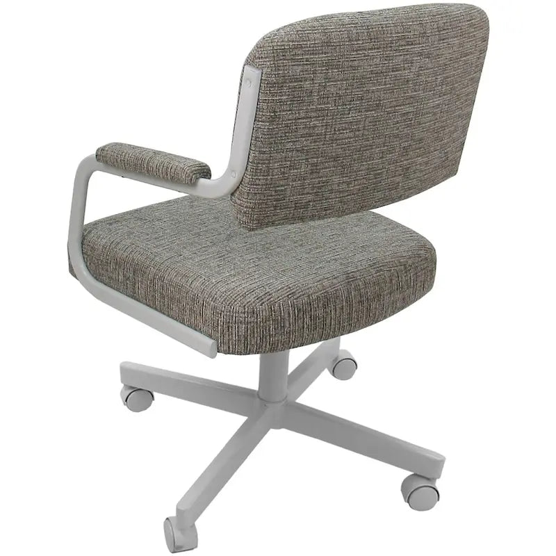 Chaise de salle à manger pivotante rembourrée avec roulettes et accoudoirs, tissu beige, structure en métal gris