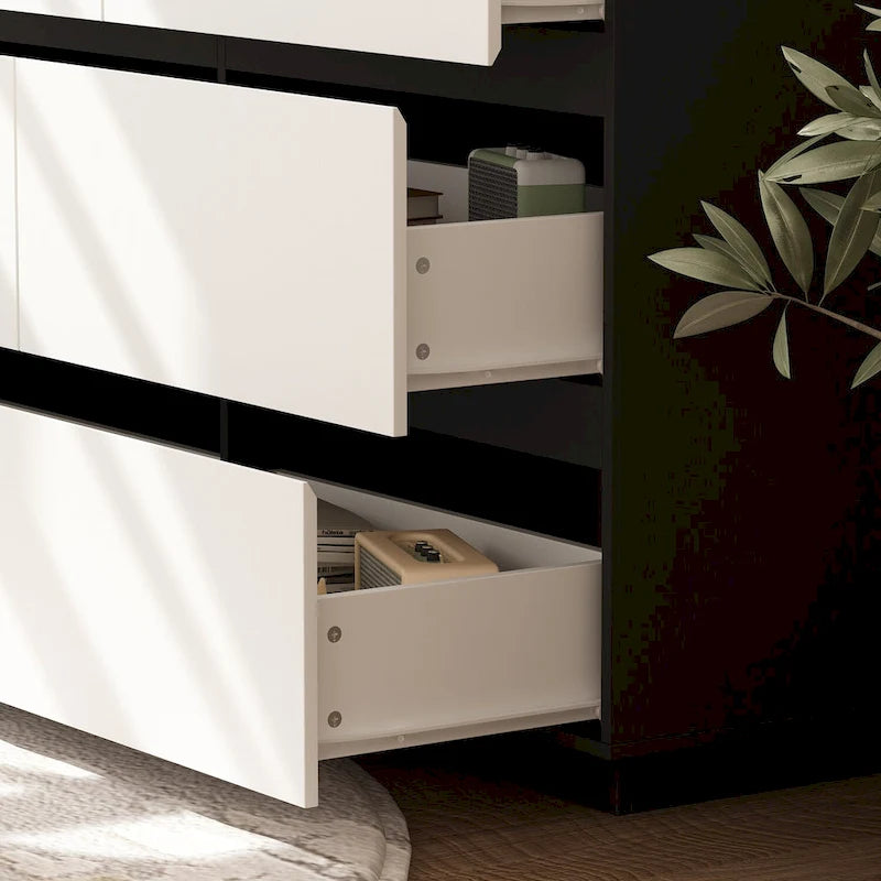 Commode à tiroirs sans poignée noire et blanche avec organiseur à glissière fluide