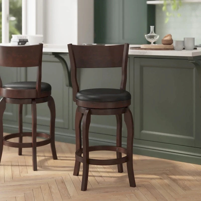 Tabouret de comptoir pivotant rembourré à dossier ouvert et à structure en bois massif