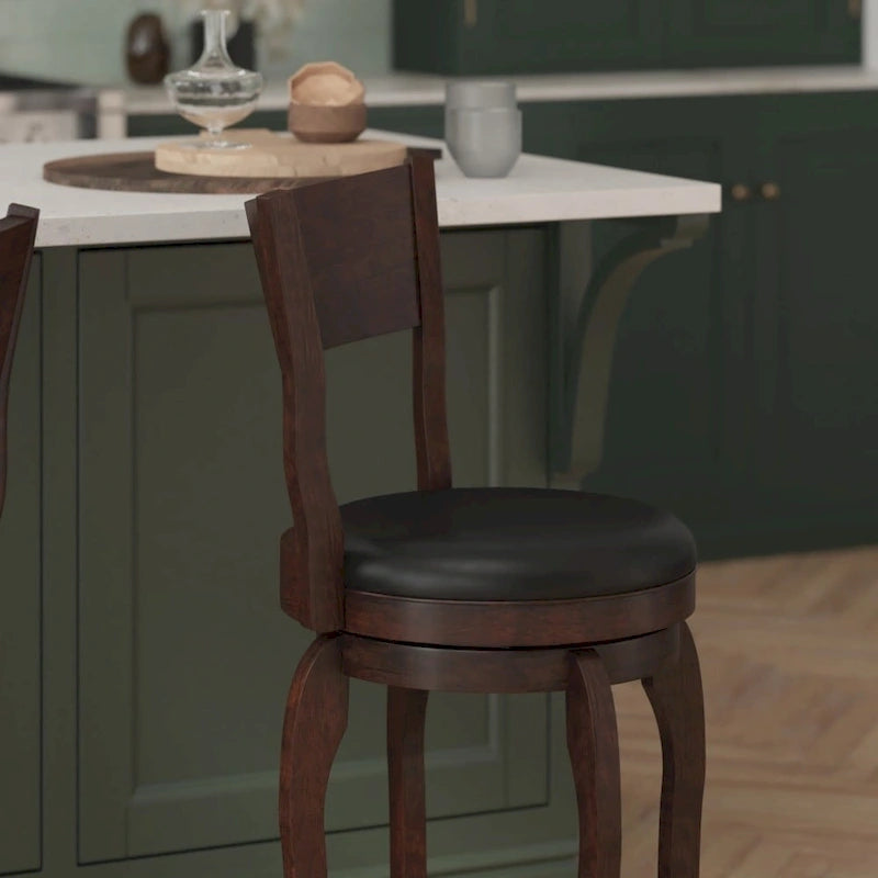 Tabouret de comptoir pivotant rembourré à dossier ouvert et à structure en bois massif