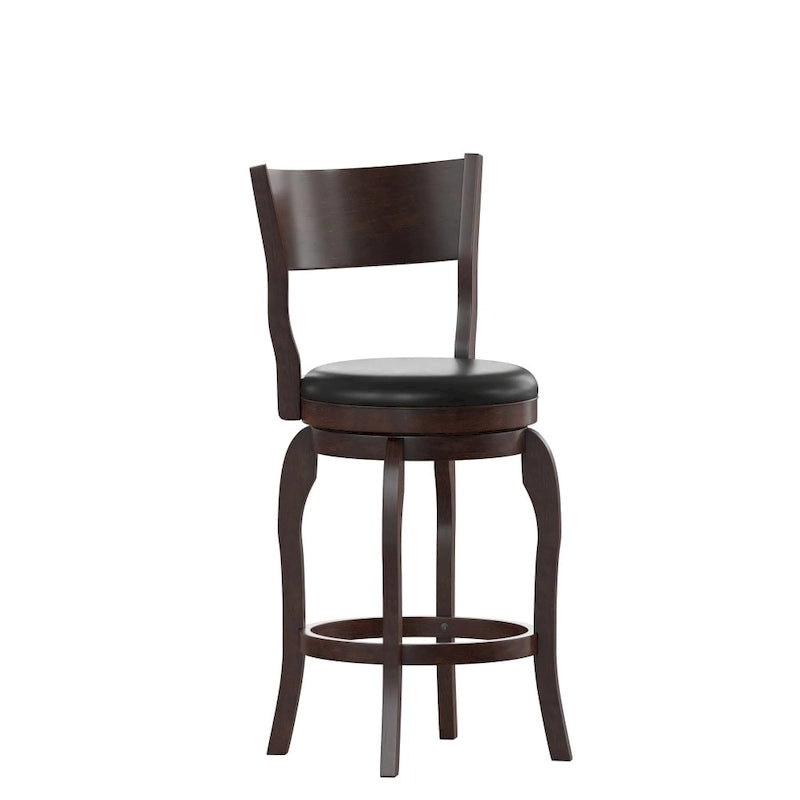 Tabouret de comptoir pivotant rembourré à dossier ouvert et à structure en bois massif