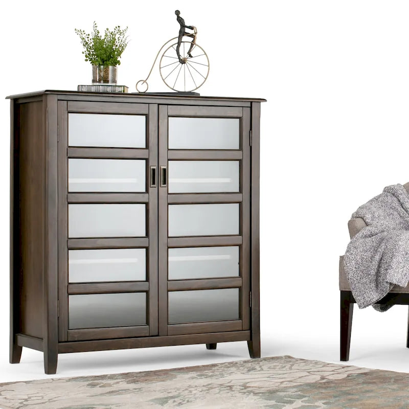 Armoire de rangement transitoire en bois massif marron acajou avec portes en verre trempé