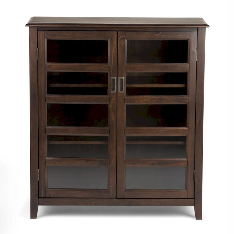 Armoire de rangement transitoire en bois massif marron acajou avec portes en verre trempé