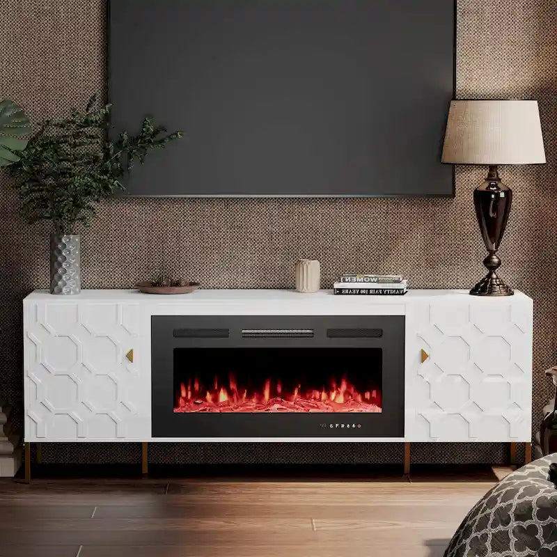 Meuble TV laqué de 70 pouces avec cheminée électrique de 36 pouces Blanc Noir