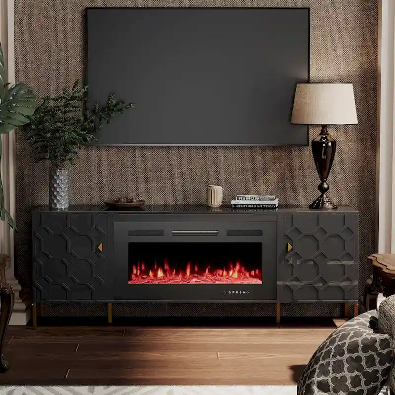 Meuble TV laqué de 70 pouces avec cheminée électrique de 36 pouces Blanc Noir