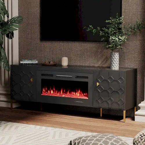 Meuble TV laqué de 70 pouces avec cheminée électrique de 36 pouces Blanc Noir