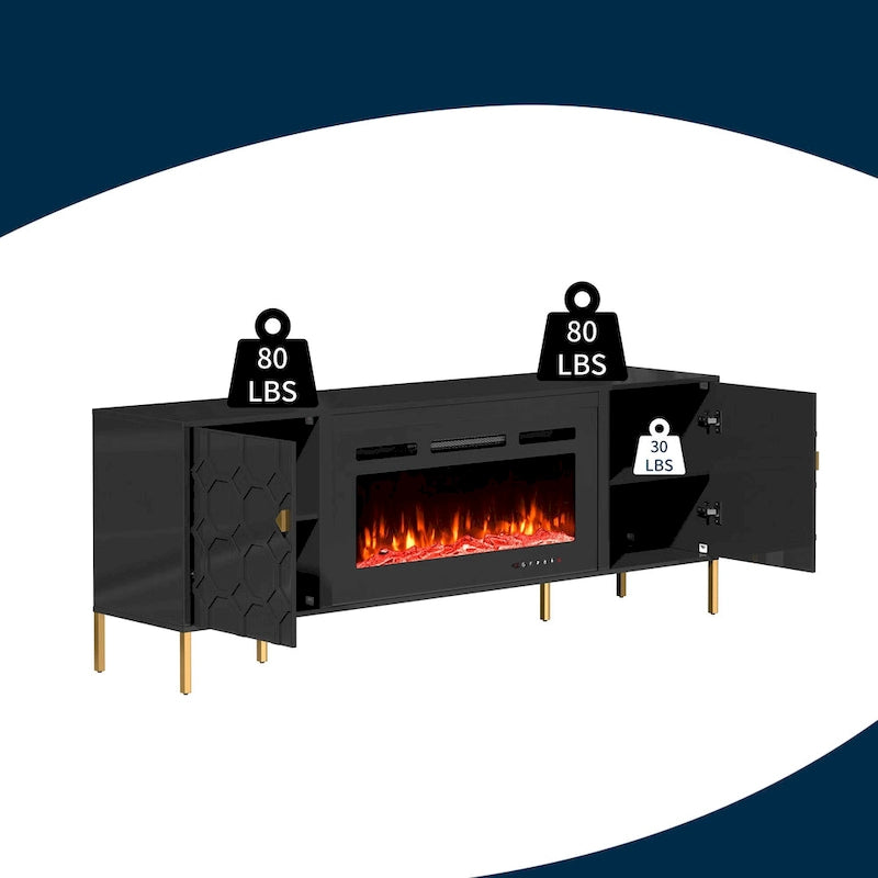 Meuble TV laqué de 70 pouces avec cheminée électrique de 36 pouces Blanc Noir