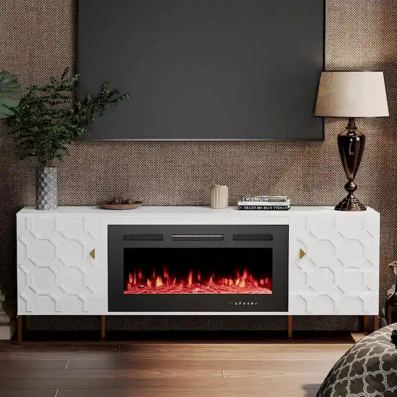 Meuble TV laqué de 70 pouces avec cheminée électrique de 36 pouces Blanc Noir