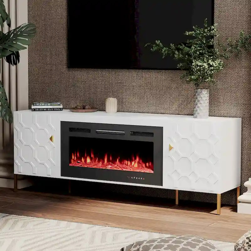 Meuble TV laqué de 70 pouces avec cheminée électrique de 36 pouces Blanc Noir