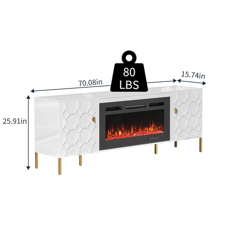 Meuble TV laqué de 70 pouces avec cheminée électrique de 36 pouces Blanc Noir