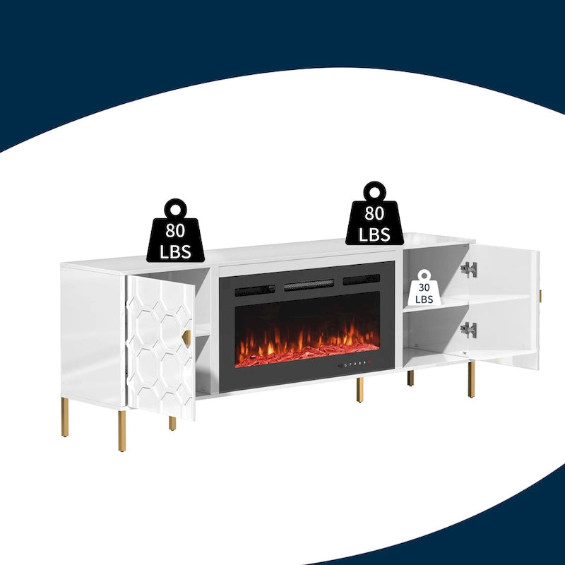 Meuble TV laqué de 70 pouces avec cheminée électrique de 36 pouces Blanc Noir