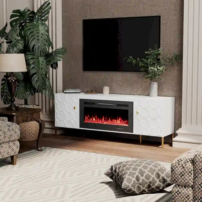 Meuble TV laqué de 70 pouces avec cheminée électrique de 36 pouces Blanc Noir