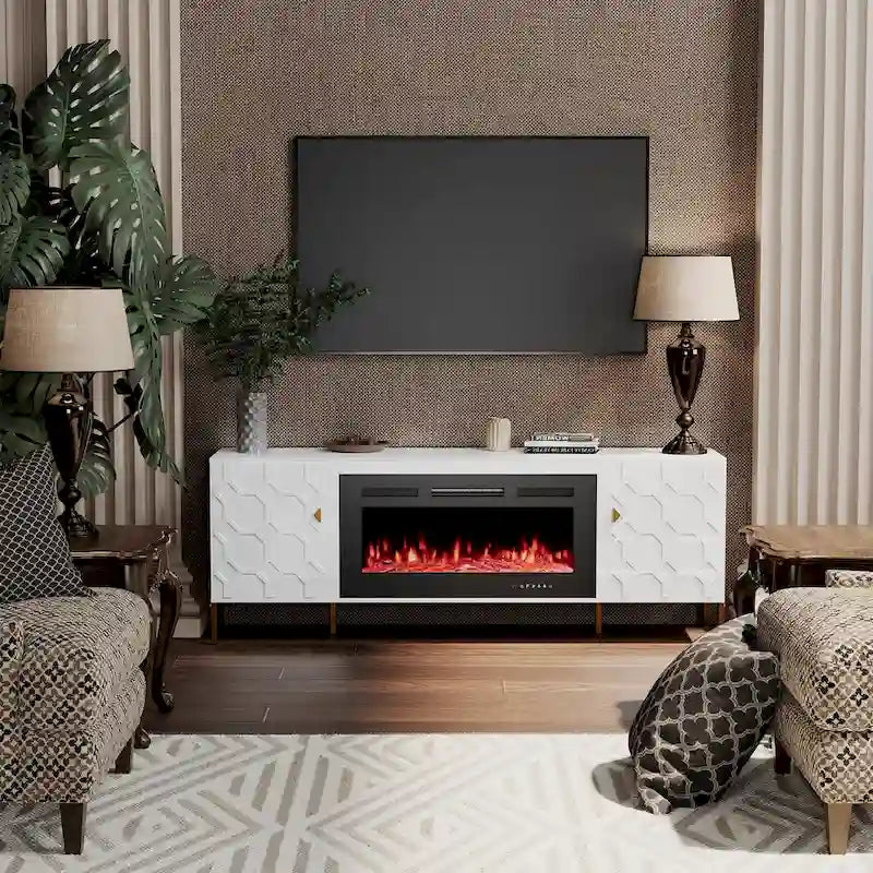Meuble TV laqué de 70 pouces avec cheminée électrique de 36 pouces Blanc Noir