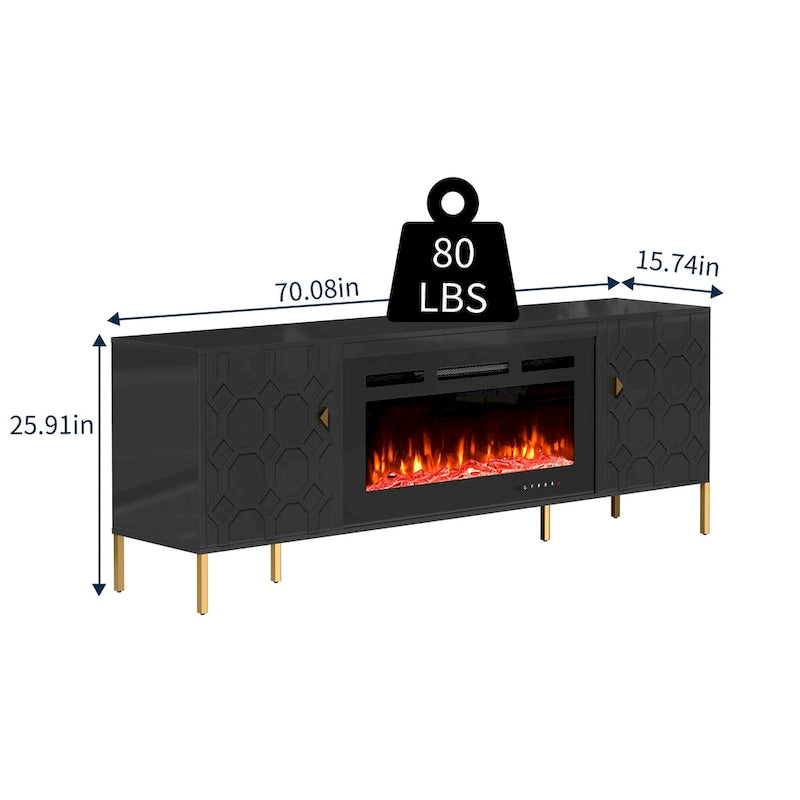 Meuble TV laqué de 70 pouces avec cheminée électrique de 36 pouces Blanc Noir