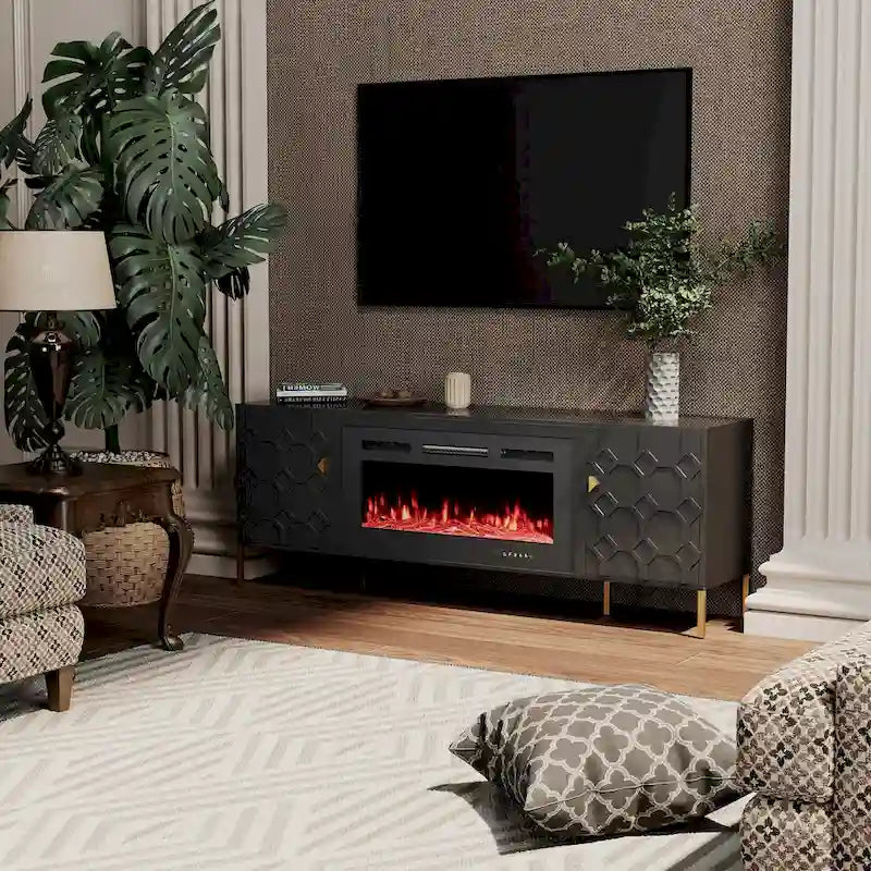 Meuble TV laqué de 70 pouces avec cheminée électrique de 36 pouces Blanc Noir