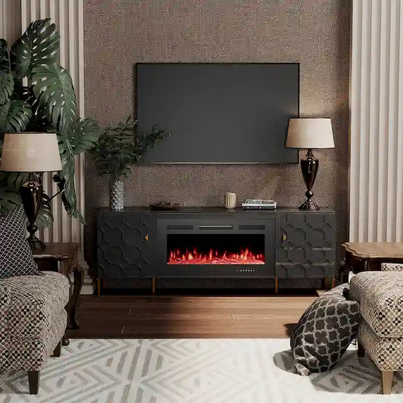 Meuble TV laqué de 70 pouces avec cheminée électrique de 36 pouces Blanc Noir