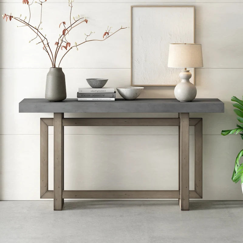 Console étroite de style industriel avec plateau en bois et béton, noire