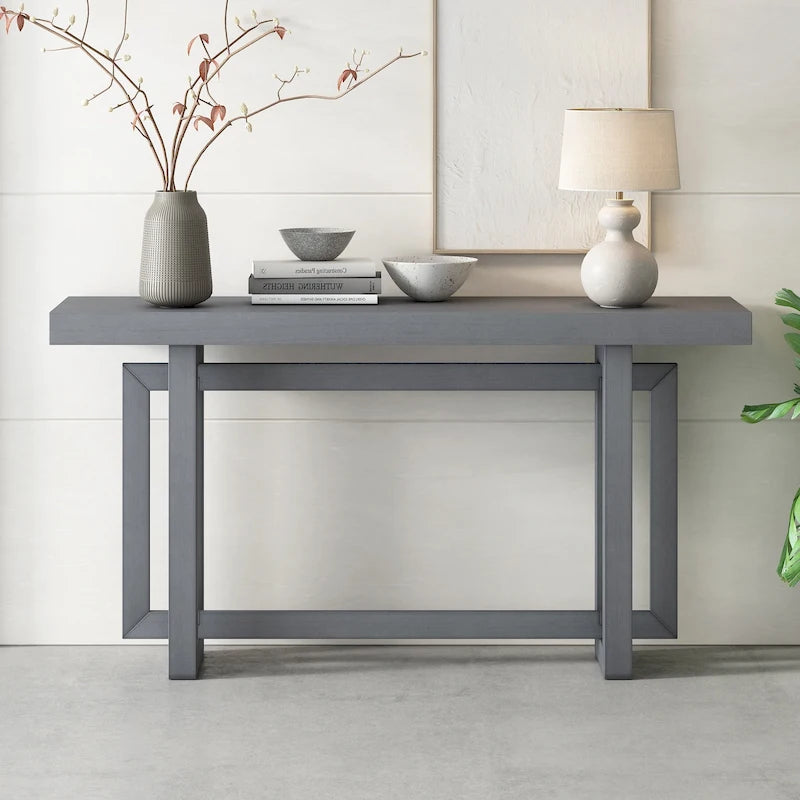 Console étroite de style industriel avec plateau en bois et béton, noire