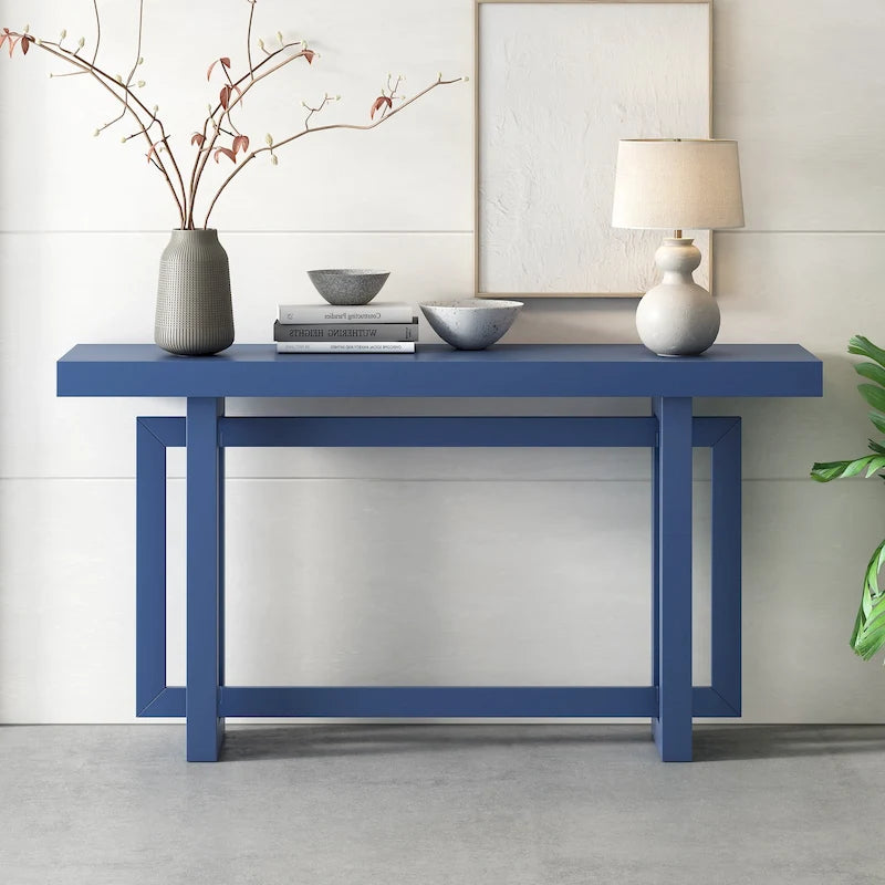 Console étroite de style industriel avec plateau en bois et béton, noire