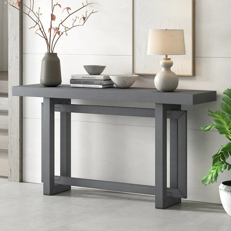 Console étroite de style industriel avec plateau en bois et béton, noire
