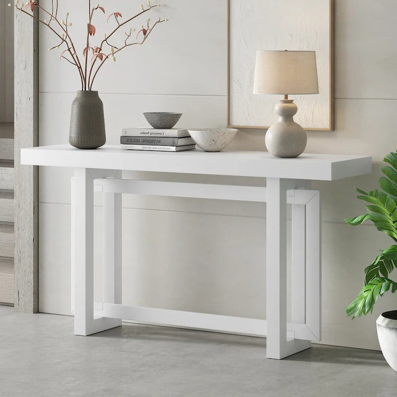Console étroite de style industriel avec plateau en bois et béton, noire