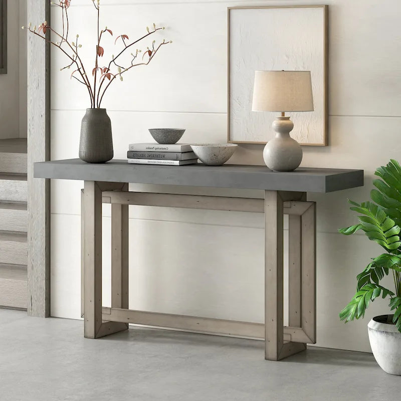 Console étroite de style industriel avec plateau en bois et béton, noire
