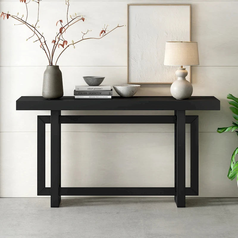 Console étroite de style industriel avec plateau en bois et béton, noire