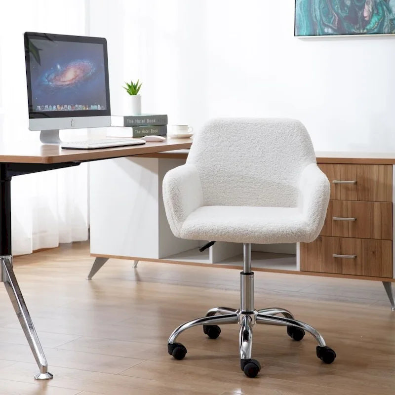 Chaise de bureau pivotante en fausse fourrure blanche, réglable en hauteur, à roulettes, avec dossier haut