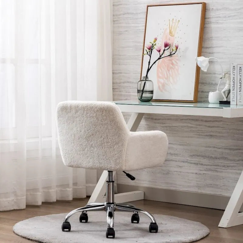 Chaise de bureau pivotante en fausse fourrure blanche, réglable en hauteur, à roulettes, avec dossier haut